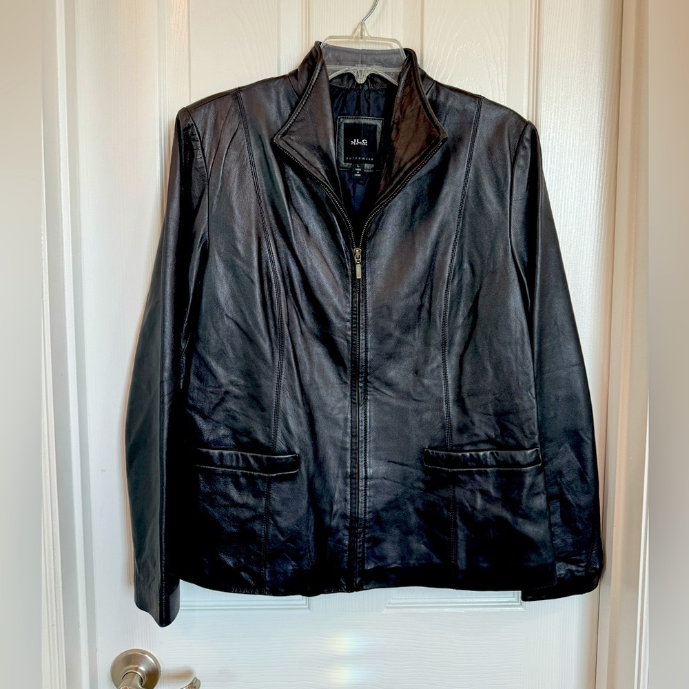 Women’s Black Leather Jacket Size L Slim Fit